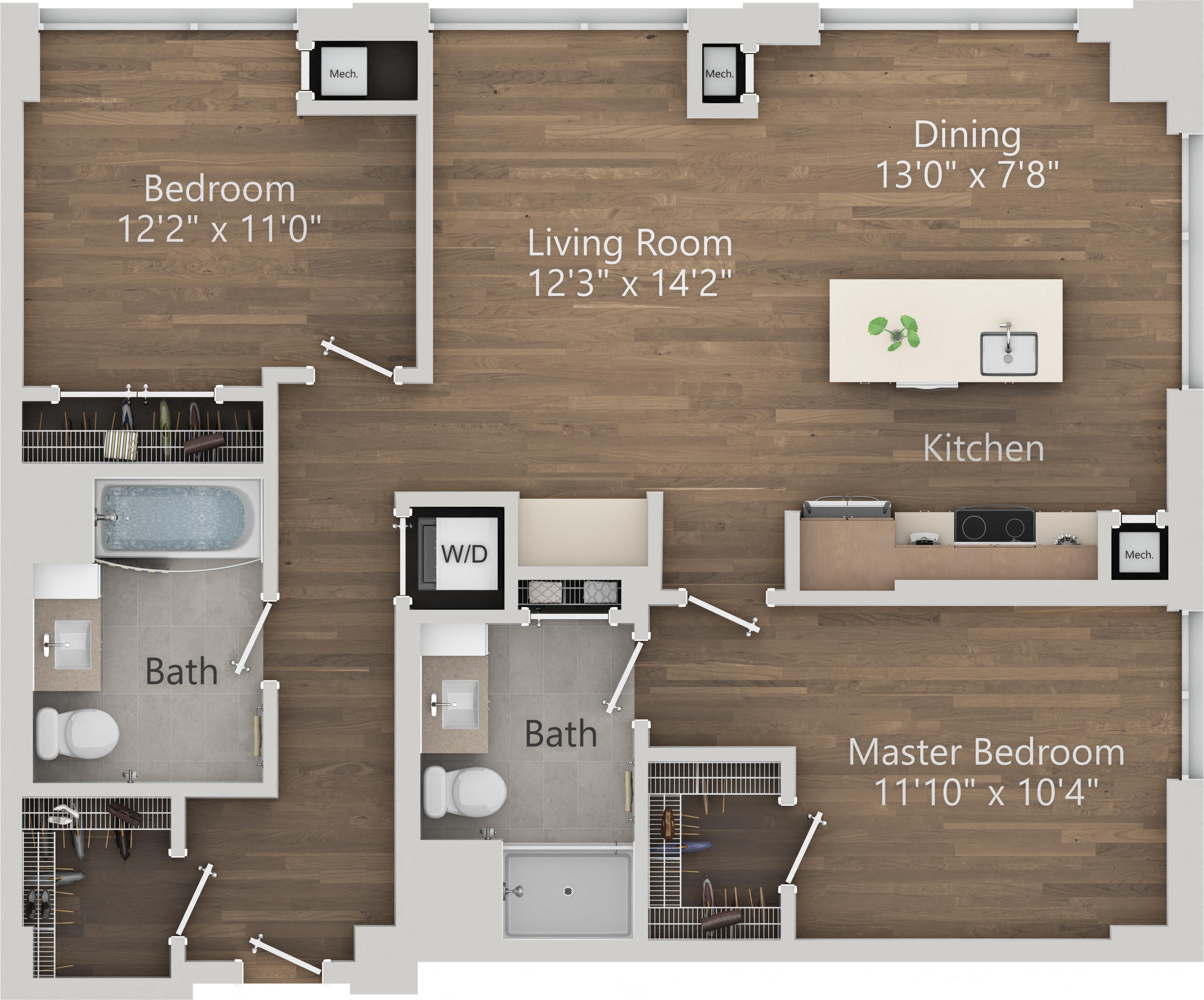Floor plan for 2 beds, 2 baths, 1056 sqft